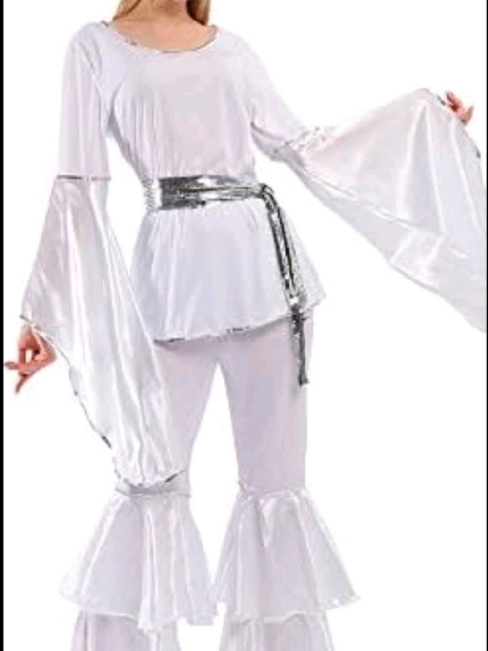 White Dance Jumpsuit with Dramatic Bell Sleeves and Tiered Pants. Disco!